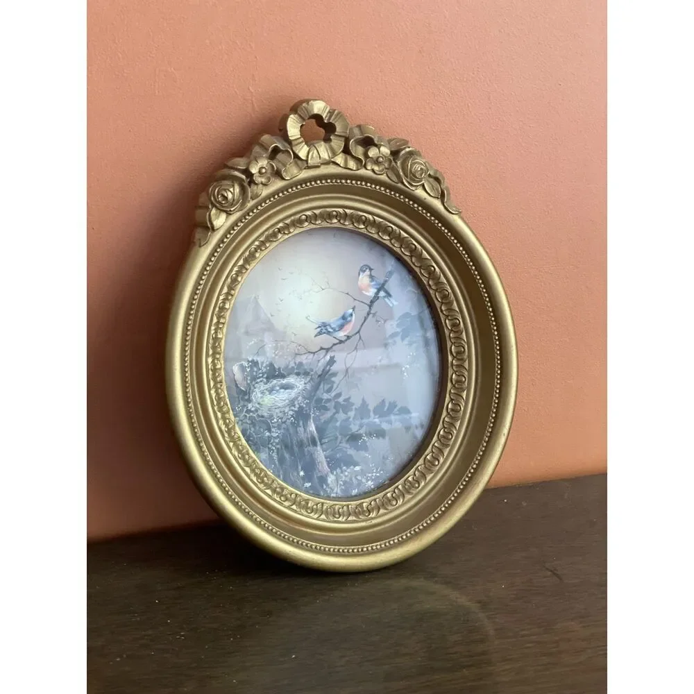 Vintage Gold Oval Bird Wall Art Frames Pair Cottagecore Floral Ornate Decor